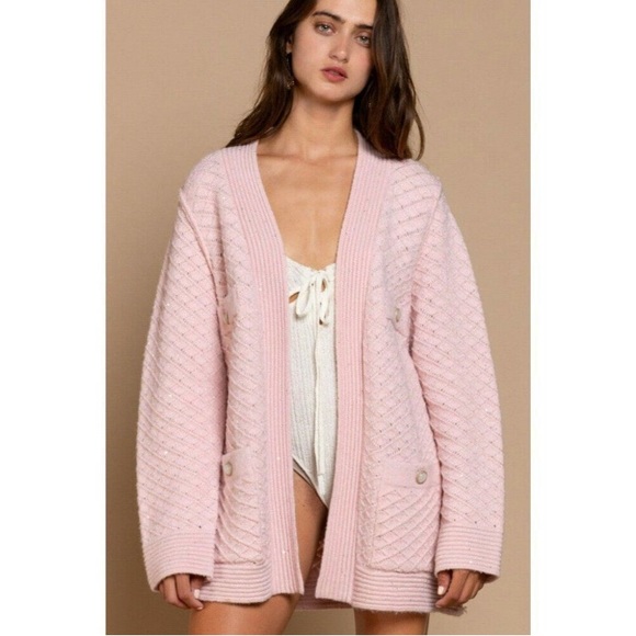 POL Clothing NEW Women's Baby Pink Luxe Open Cardigan Sweater with Buttons Large - Picture 4 of 12